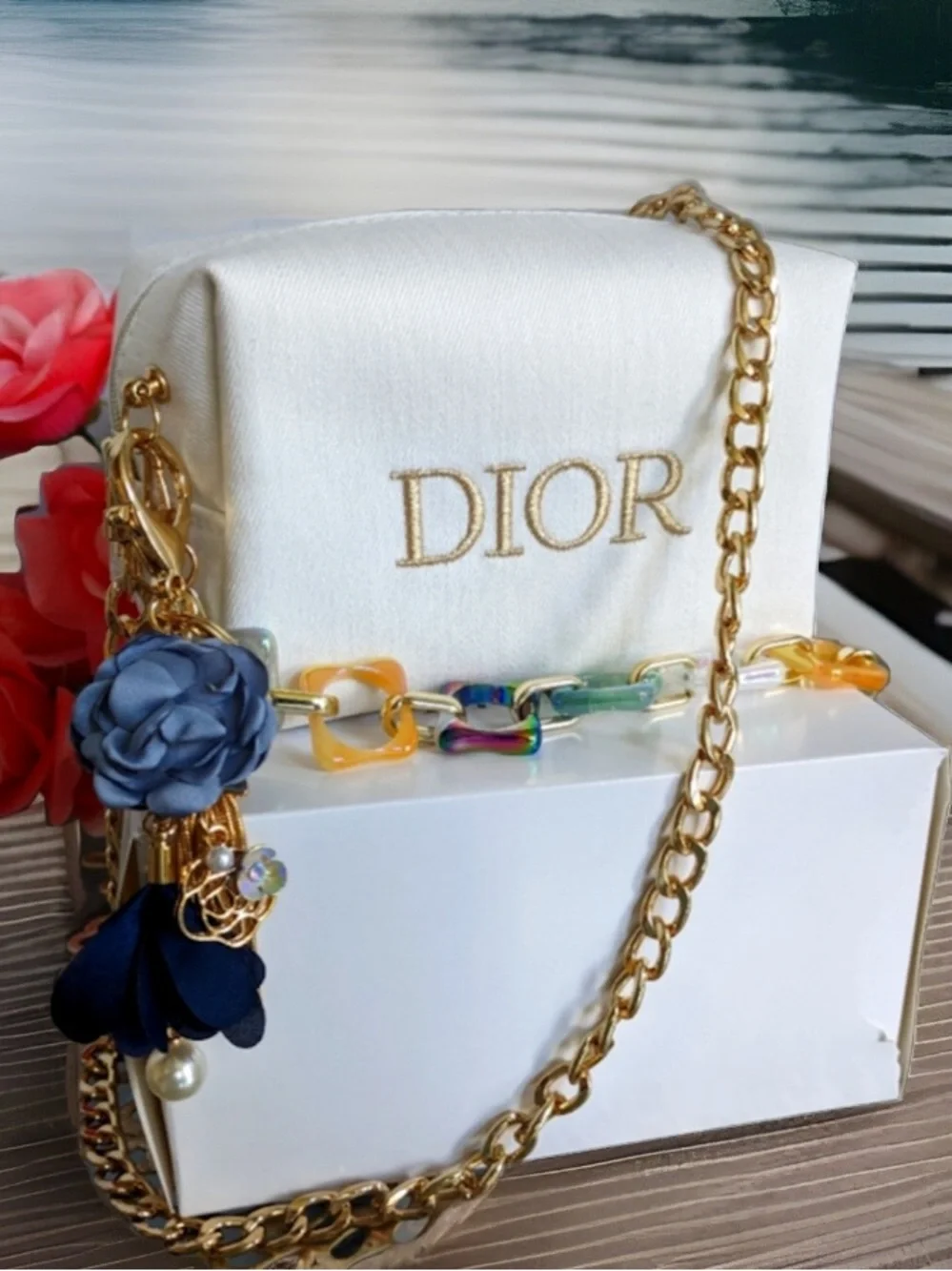 Dior White Satin Mini Shoulder Bag with Gold Chain and Floral Charms